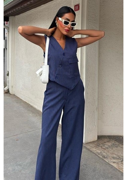 Runiquehome Yeleği Çapraz Detay Düğmeli Cepli Yelekli Takım 10150