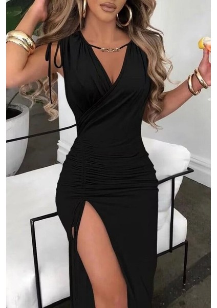 Runiquehome Kadın Sıfır Kollu V Yakalı Yırtmaç Detaylı Beli Büzgülü Omuzdan Bağcıklı Sandy Maxi Elbise modelleri