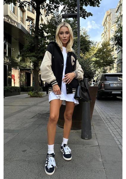 Runiquehome Siyah Kapüşonlu Kolej Mont