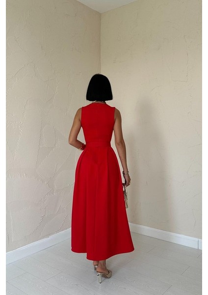 Runiquehome Kırmızı Halter Yaka Kloş Elbise fırsatları