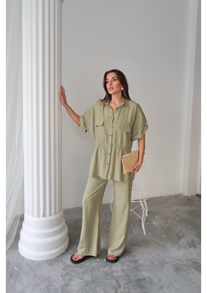 Runiquehome Keten Belden Büzgü Detaylı Gömlek - Pantolon Takım - Yeşil