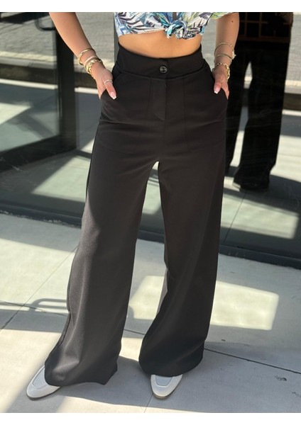 Runiquehome Kadın Yüksek Bel Geniş Paça Detaylı Cepli Ithal Krep Pantolon modelleri