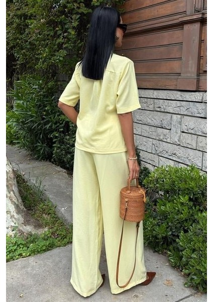 Runiquehome Hakim Yaka Çapraz Düğmeli Plazzo Pantolon Viscon Keten Takım 10209 fırsatları