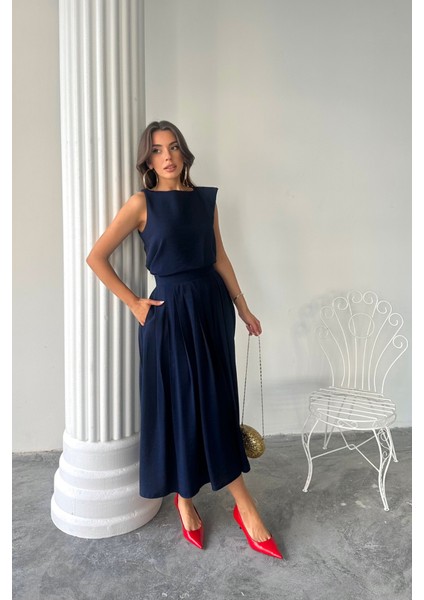 Runiquehome Keten Kolsuz Bluz - Maxi Etek Takım - Lacivert