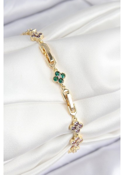 Vıp Pirinç Renkli Zirkon Taşlı Yonca Model Gold Renk Kadın Bileklik - TJ-BB7781 fiyatları