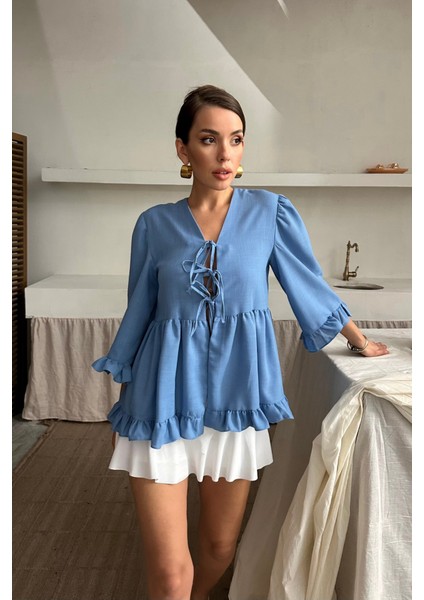 Runiquehome Keten Bluz Önden Bağlamalı Fırfır Detaylı - Mavi modelleri