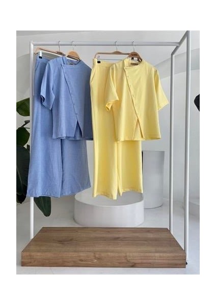 Runiquehome Hakim Yaka Çapraz Düğmeli Plazzo Pantolon Viscon Keten Takım 10209