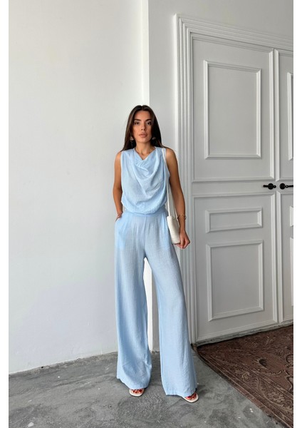 Runiquehome Degaje Yaka Kolsuz Bluz - Pantolon Takım - Mavi