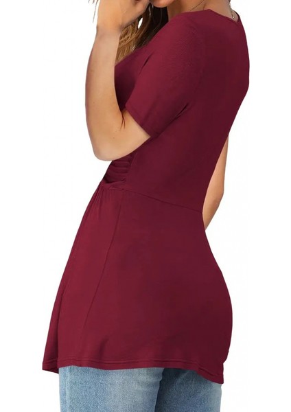 Runiquehome Kadın Kısa Kollu Önü Düğüm Detay Viskon Bluz fırsatları