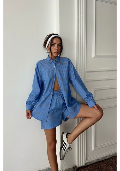 Runiquehome Poplin Çizgili Gömlek - Şort Takım - Mavi