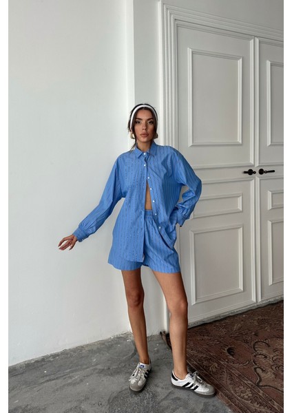 Runiquehome Poplin Çizgili Gömlek - Şort Takım - Mavi fırsatları