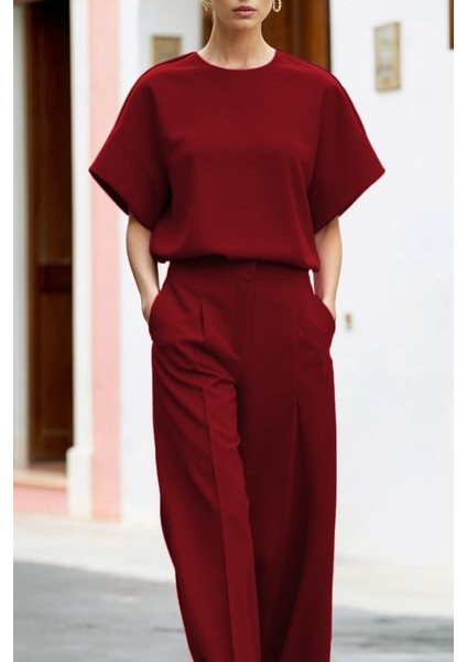 Runiquehome Kadın Kısa Kollu Bisiklet Yaka Bluz Yüksek Bel Cep Detaylı Pantolon Atlas Ikili Takım fiyatları