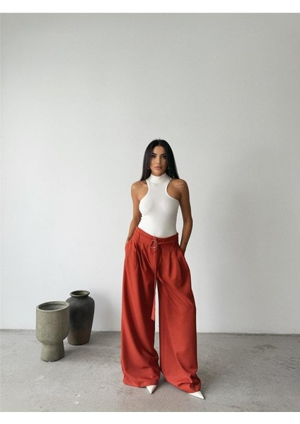 Runiquehome Palazzo Pantolon Kumaş Kemer Detaylı - Kiremit