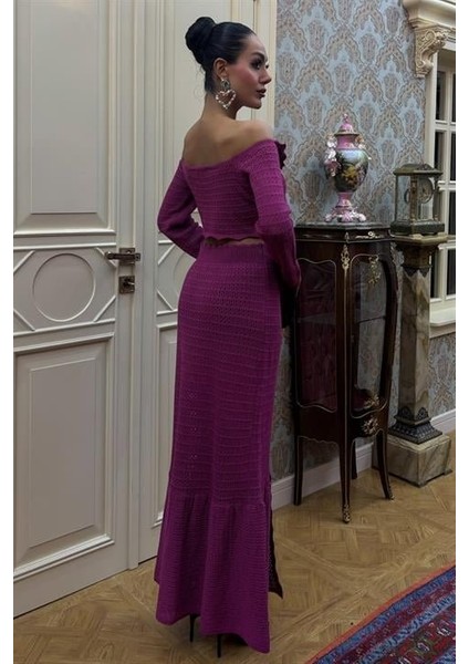 Runiquehome Madonna Yaka Derin Yırtmaç Etekli Şık Triko Takım 10099 fırsatları