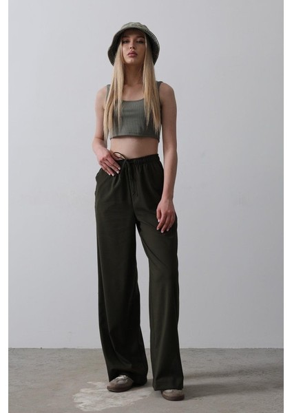 Runiquehome Beli Lastikli Bol Paça Pantolon - Haki modelleri