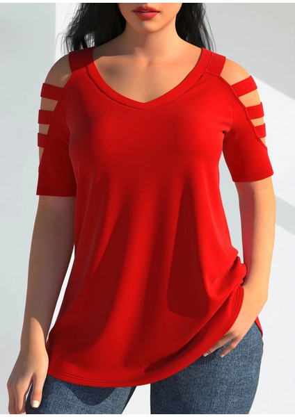 Runiquehome Kadın Kısa Kollu Kollar Şerit Detay V Yaka Viskon Bluz