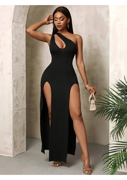 Runiquehome Kadın Tek Omuzdan Açık Damla Detaylı Yırtmaç Detaylı Uzun Janjan Krep Elbise fırsatları