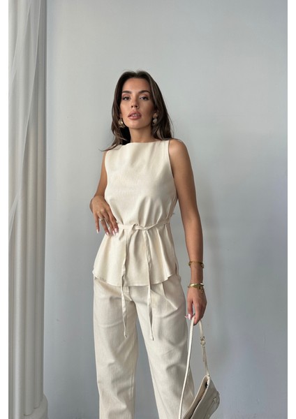 Runiquehome Keten Bluz - Pantolon Takım Massimo Modelscreat Kumaş - Bej fiyatları