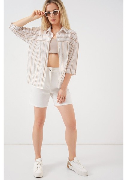 Runiquehome Çizgili Kısa Kol Gömlek 20344 - Krem fiyatları