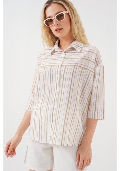 Runiquehome Çizgili Kısa Kol Gömlek 20344 - Krem modelleri