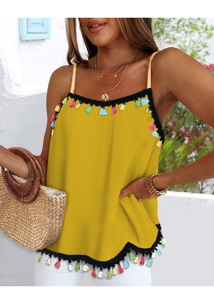 Runiquehome Kadın Ip Askılı Püskül Detaylı Sandy Bluz