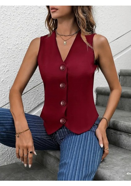Runiquehome Kadın Sıfır Kollu V Yakalı Önden Düğmeli Atlas Yelek modelleri