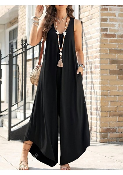 Runiquehome Kadın Askılı Yuvarlak Yaka Cepli Salaş Uzun Viskon Tulum modelleri