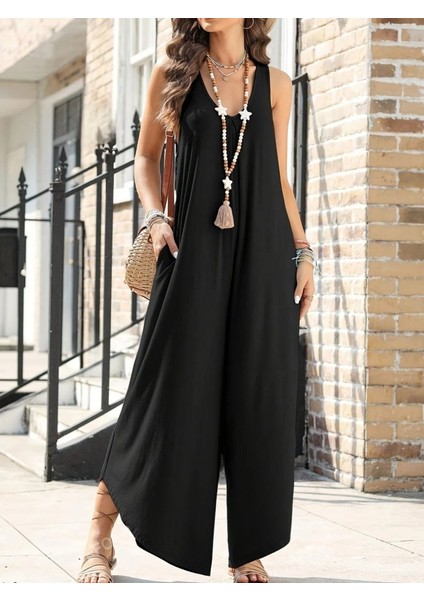 Runiquehome Kadın Askılı Yuvarlak Yaka Cepli Salaş Uzun Viskon Tulum fırsatları