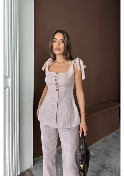 Runiquehome Şantuk Keten Yelek Görünümlüaskılı Bluz - Pantolon Tk - Lila