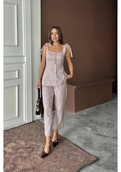 Runiquehome Şantuk Keten Yelek Görünümlüaskılı Bluz - Pantolon Tk - Lila modelleri