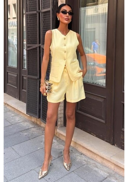 Runiquehome Gold Düğme Detaylı Yelek Şort Cotton Takım 10208
