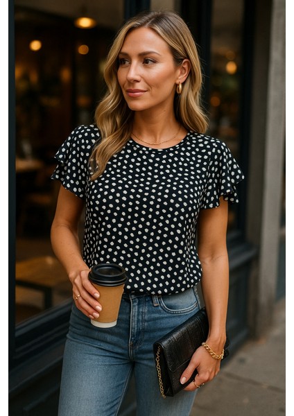 Runiquehome Kadın Kısa Kollu Kolları Volanlı Baskılı Süprem Bluz