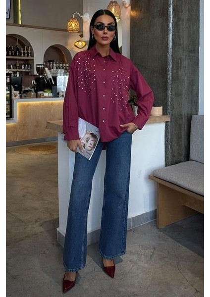 Runiquehome Kristal Taş Çakımlı Poplin Gömlek 3413