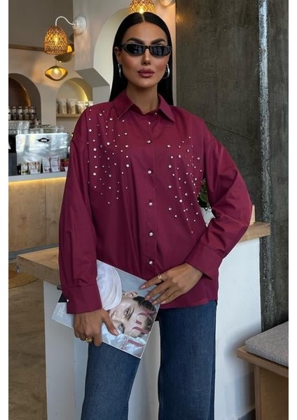 Runiquehome Kristal Taş Çakımlı Poplin Gömlek 3413