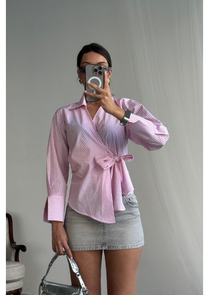 Runiquehome Çizgili Poplin Kruvaze Bağlamalı Gömlek - Pembe fırsatları