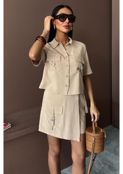 Runiquehome Gömlek Şort Etek Viscon Keten Takım 10162