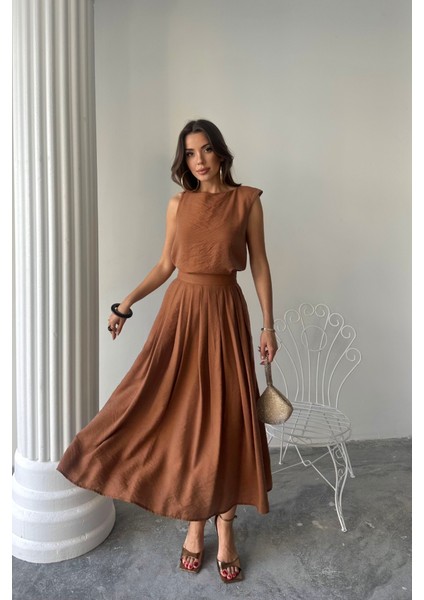 Runiquehome Keten Kolsuz Bluz - Maxi Etek Takım - Kahverengi