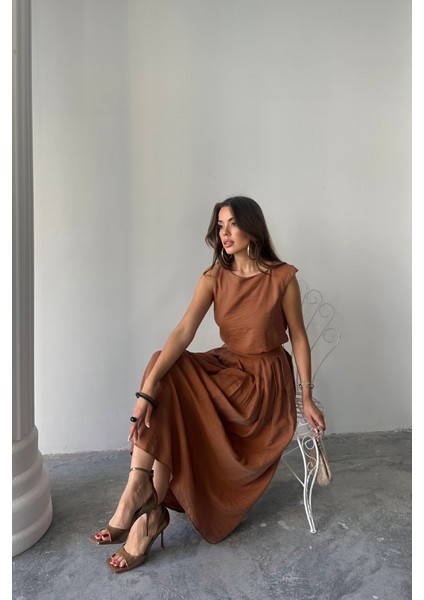 Runiquehome Keten Kolsuz Bluz - Maxi Etek Takım - Kahverengi fiyatları
