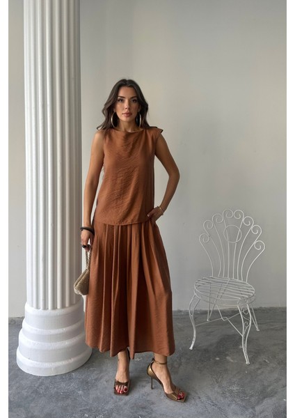 Runiquehome Keten Kolsuz Bluz - Maxi Etek Takım - Kahverengi fırsatları