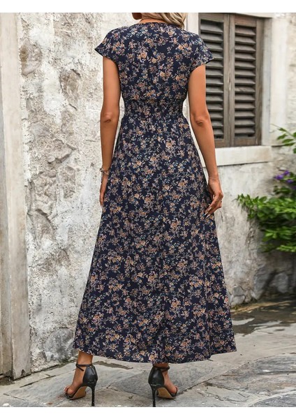 Runiquehome Kadın Kısa Kollu Kruvaze Yakalı Çiçek Desenli Belden Lastikli Süprem Uzun Elbise indirimleri
