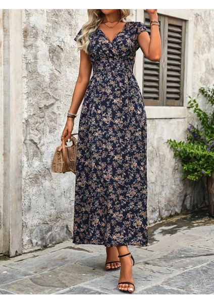 Runiquehome Kadın Kısa Kollu Kruvaze Yakalı Çiçek Desenli Belden Lastikli Süprem Uzun Elbise
