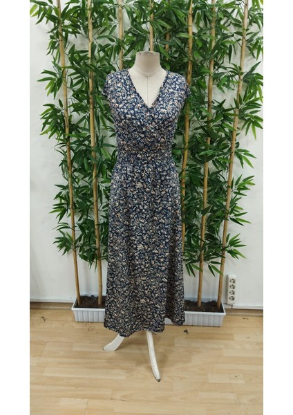 Runiquehome Kadın Kısa Kollu Kruvaze Yakalı Çiçek Desenli Belden Lastikli Süprem Uzun Elbise