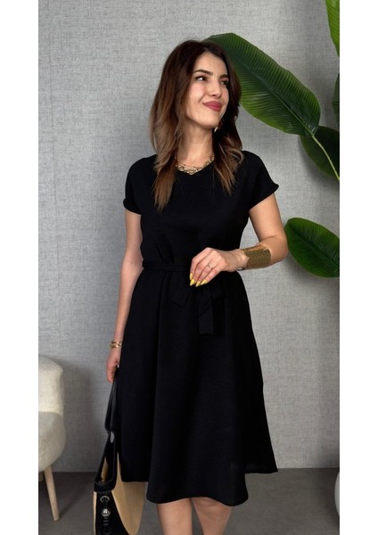 Runiquehome Kadın Kısa Kollu V Yakalı Beli Kuşaklı Ithal Keten Elbise fiyatları