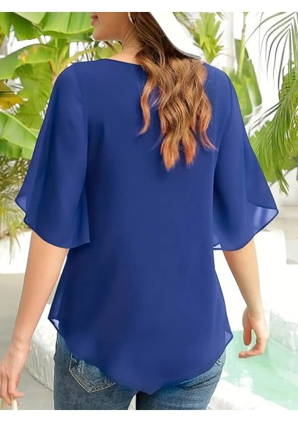 Runiquehome Kadın Kısa Yırtmaç Kollu Yuvarlak Yaka Şifon Bluz fiyatları