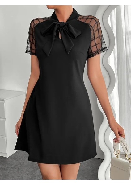 Runiquehome Kadın Kısa Kollu Boyundan Bağlamalı Omuzlarda Tül Detaylı Janjan Krep Elbise