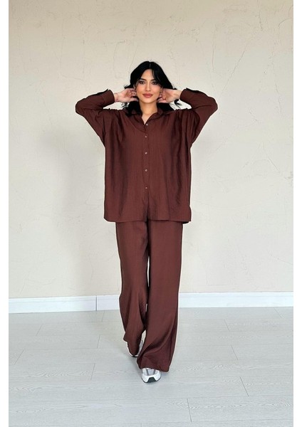 Runiquehome Kahverengi Alice Gömlek ve Bol Kesim Pantolon Takım