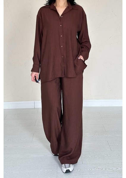 Runiquehome Kahverengi Alice Gömlek ve Bol Kesim Pantolon Takım modelleri