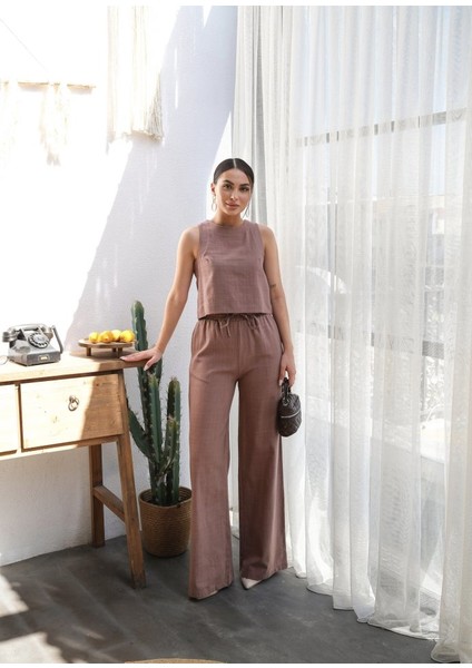 Runiquehome Keten Bluz ve Pantolon Iki̇li̇ Takim