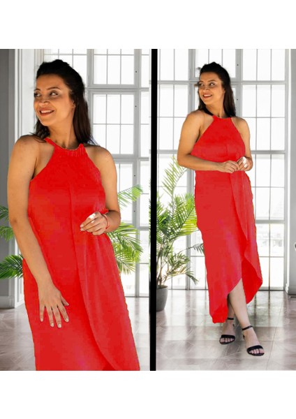 Runiquehome Boyun Askılı Eteği Kruvaze Kesim Viskon Kumaş Elbise fiyatları