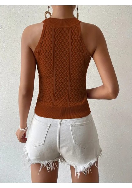 Runiquehome Kadın Kolsuz Halter Yaka Mini Baklava Desenli Triko Bluz